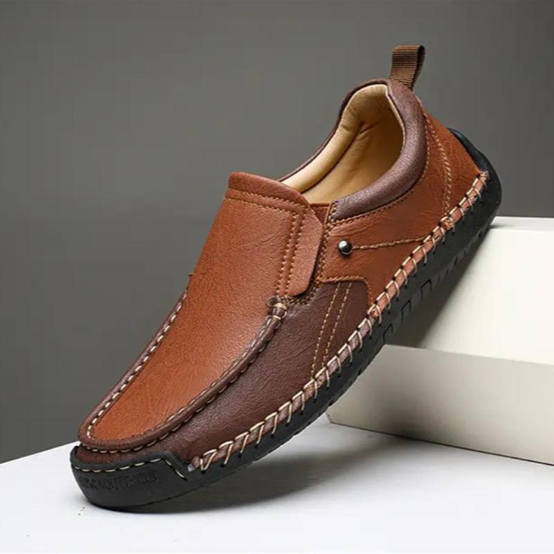 Hand-Sewn Casual Leather Shoes Color-Blocked Slip-On Loafers Men'S Non-Slip Sole Breathable Comfortable Walking Shoes