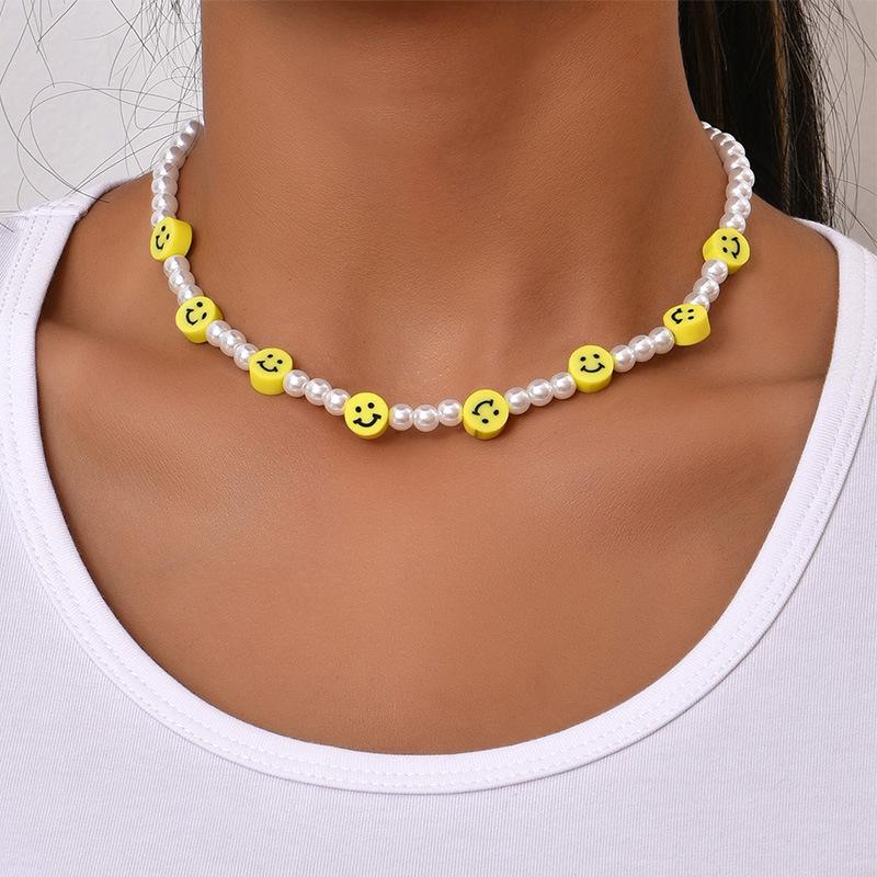 Boho Smiling Face Beaded Pearl Choker Necklace Happy Lucky Necklace Polymer Clay Cute Creative Necklace for Girls Women Jewelry