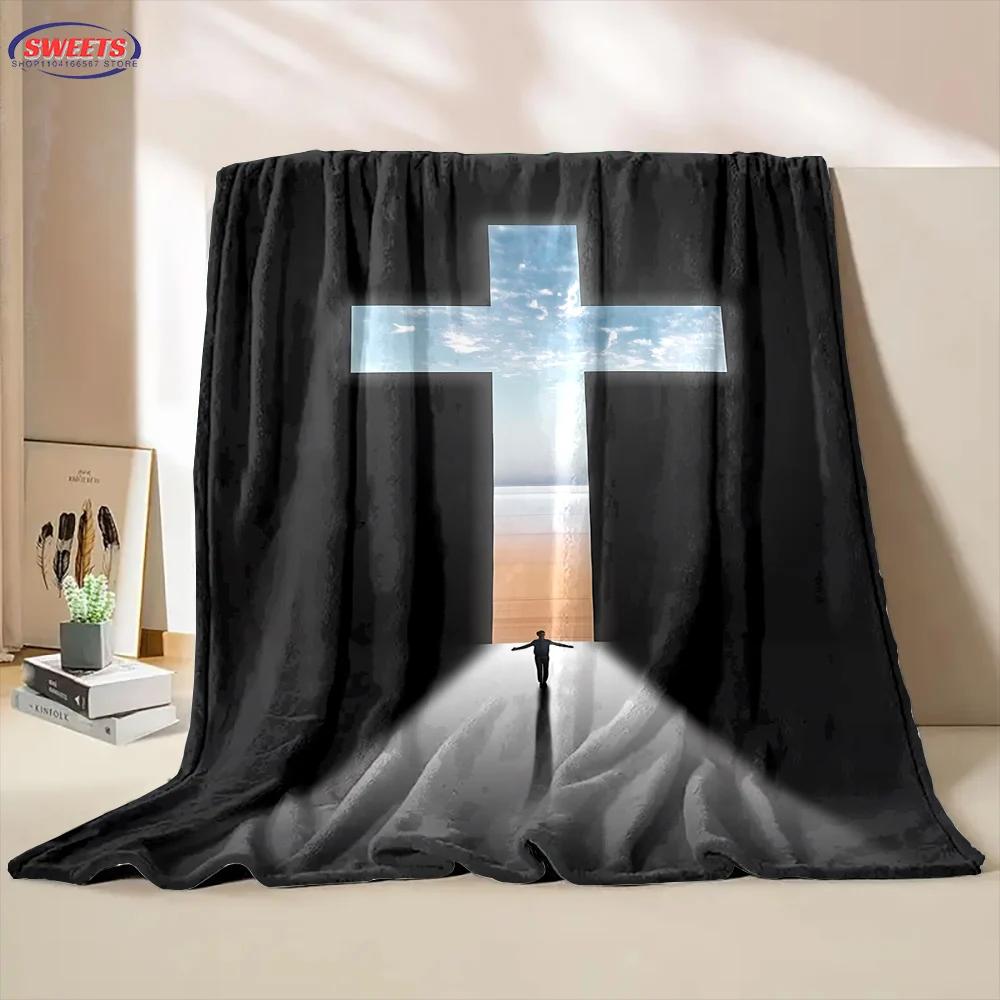 1PC Warm and Cozy Flannel Blanket, Cross Jesus Blanket, Sofa Bedroom Office Leisure Nap Cover Blanket, Machine Washable Blanket