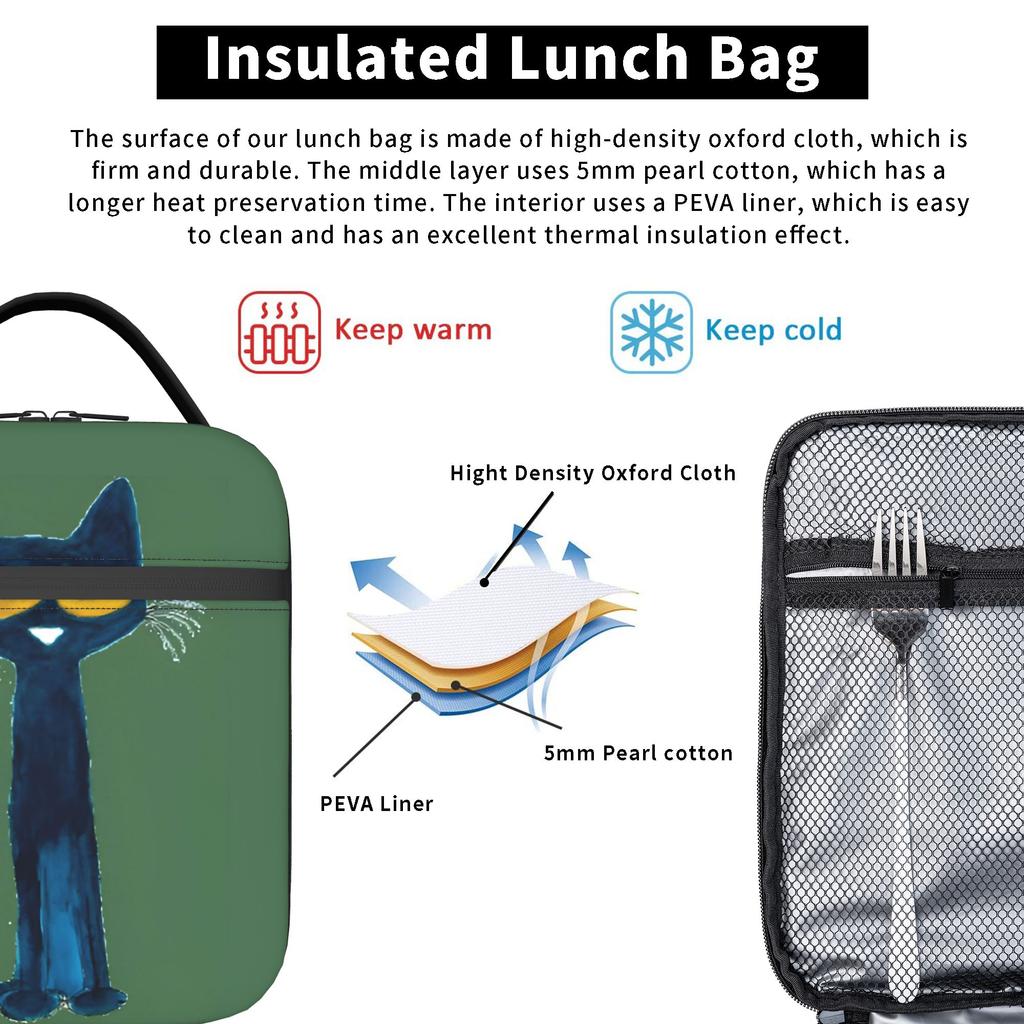 Pete the Cat  Insulated Lunch Bags Thermal Bag Reusable,Lunch Container Cool Cat Leakproof Lunch Box Tote Men Women Work  Travel