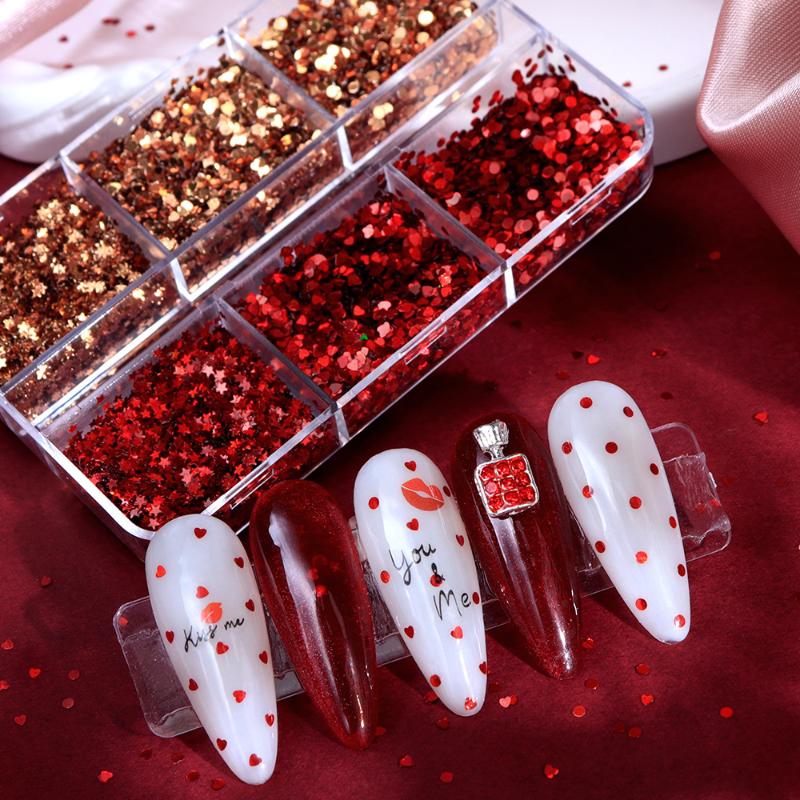 6 Grids Cute Heart Glitter Nail Sequins Kawaii Mini Golden Red Laser Love Round Nail Flake Korean Star Diy Nail Charm Supplies