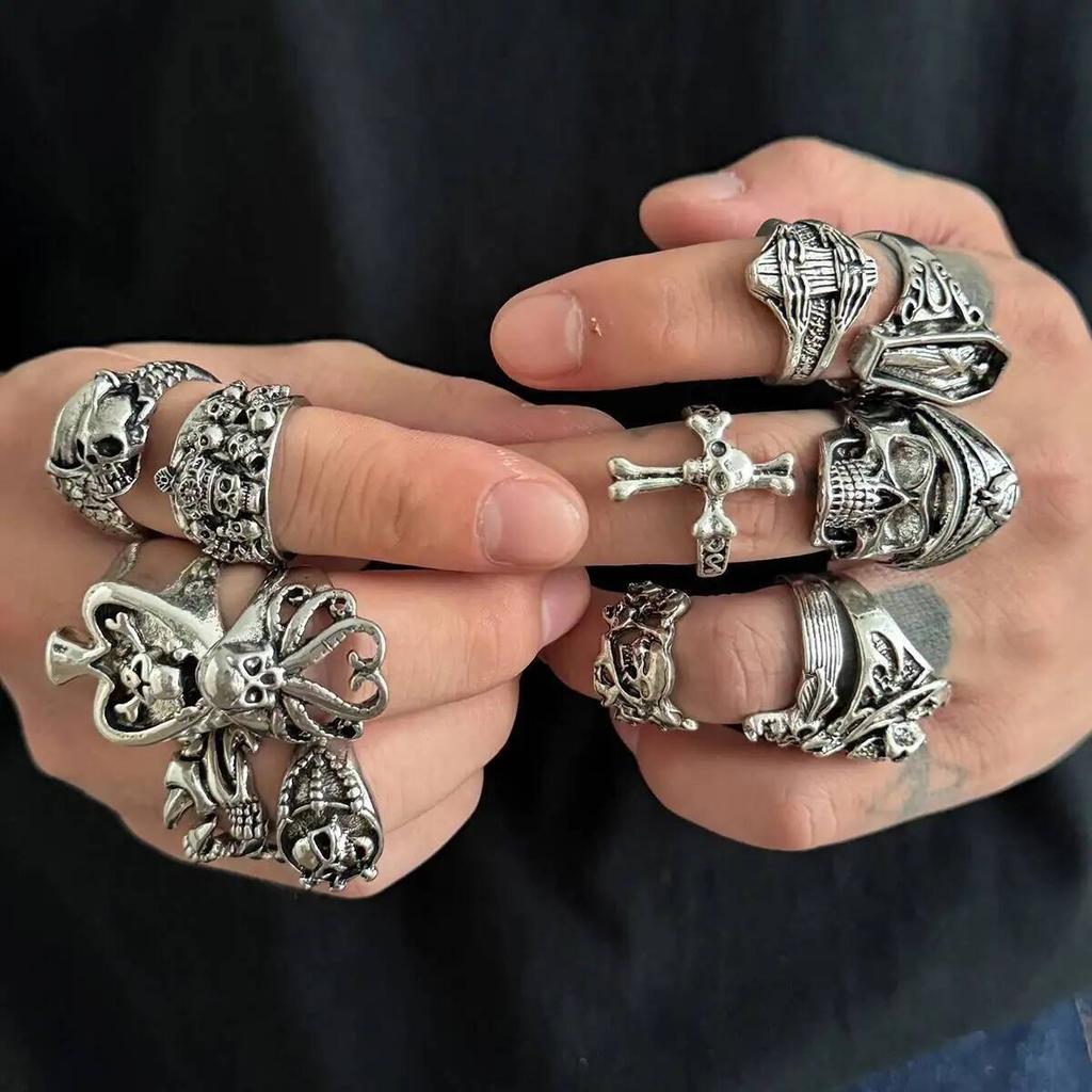 IngeSight.Z 21Pcs Goth Creative Skull Spider Stack Ring Men Vintage Punk Silver Color Ring Street Party Jewelry Accessories Gift