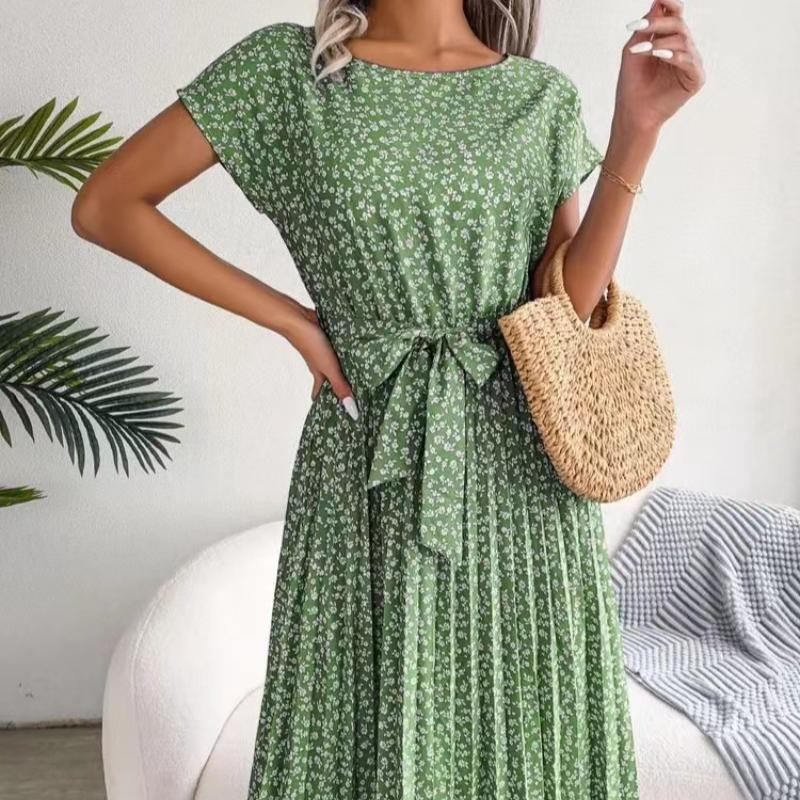 

Весенне-летнее женское плиссированное длинное платье с коротким рукавом и высокой талией XXXL