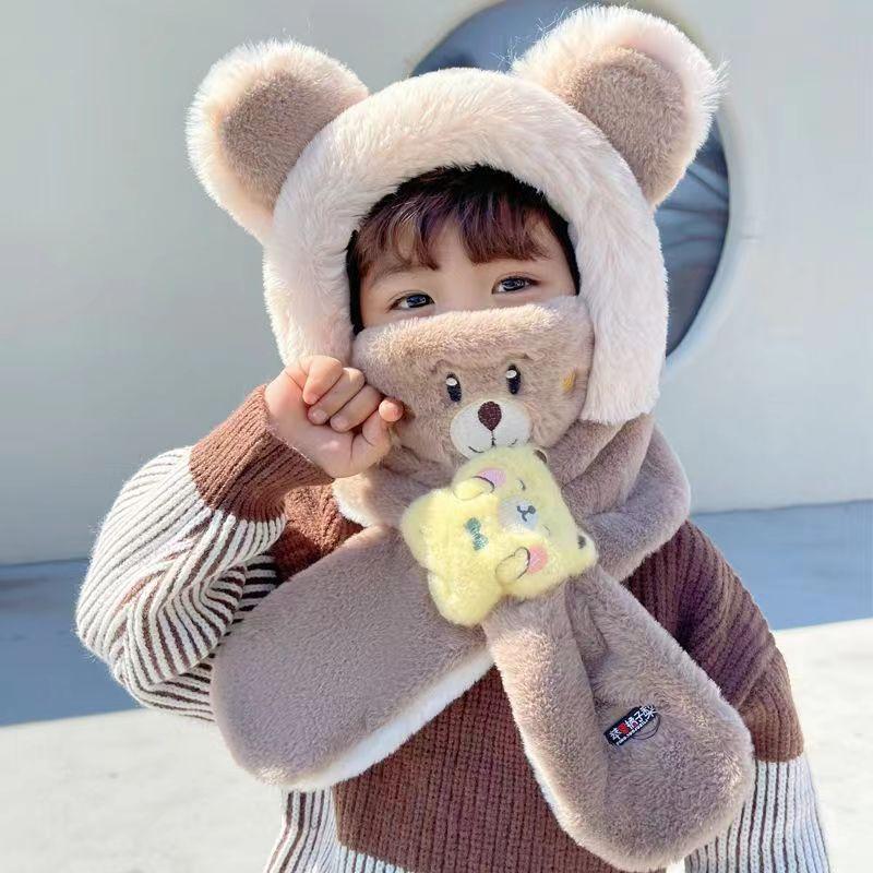 Children's Autumn and Winter New Hat Scarf Glove Integrated Three Piece Set for Men and Women, Cute, Warm and Cold Resistant Plush Hat