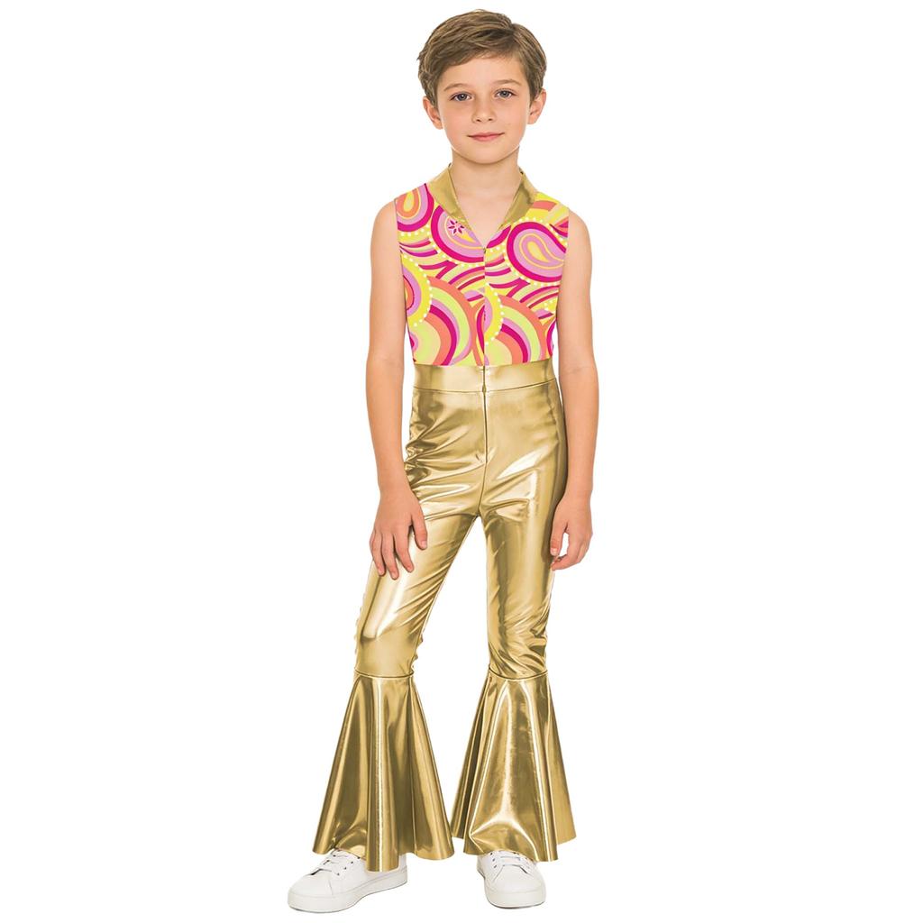 Kids Metallic Shiny Sleeveless Jumpsuit with Print Patchwork and Flared Pants for Boys Disco Halloween Party Outfit