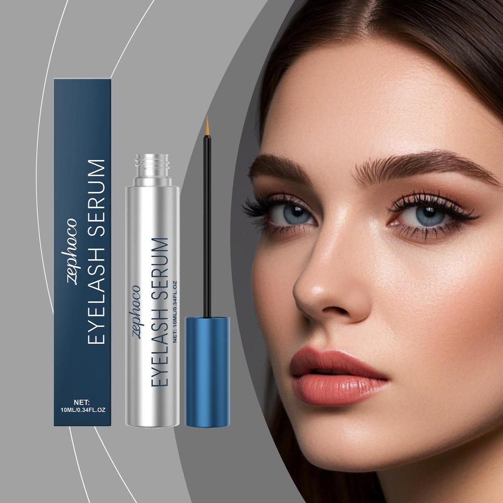 Zephoco Eyelash Serum: Lightweight, easy absorption, fine brush for full, natural lashes and shiny, everyday eye makeup.
