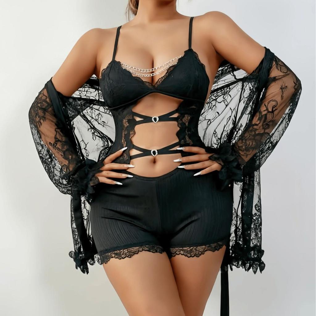 New lingerie feminine cutout lace rhinestone camisole one-piece pajama and robe set