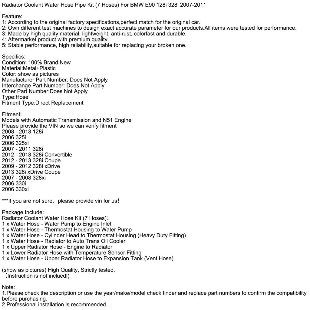 Radiator Coolant Water Hose Pipe Kit (7 Hoses) For Bmw E90 128I 328I 2007-2011