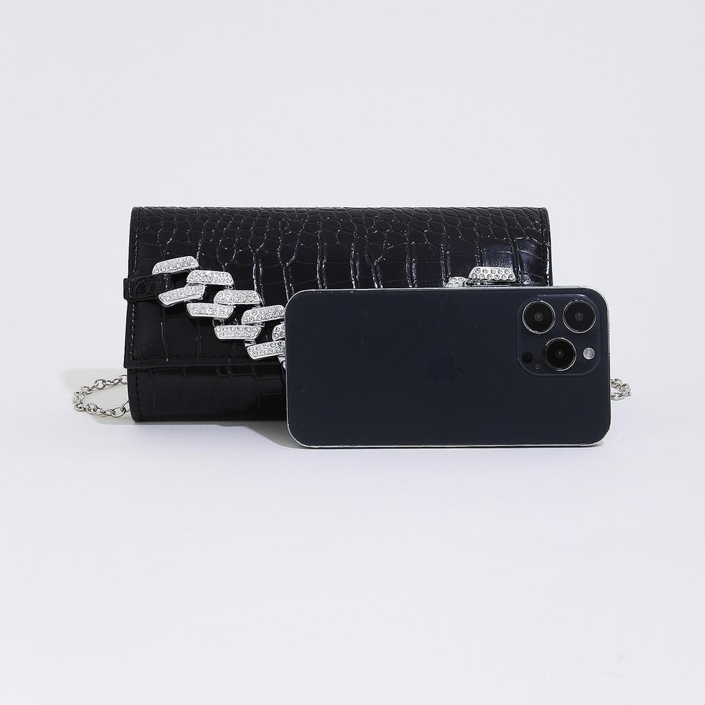Cross-Border New Shiny Rhinestone Cuban Chain PU Crocodile Pattern Niche Clutch Chain Party Party Women'S Dinner Bag
