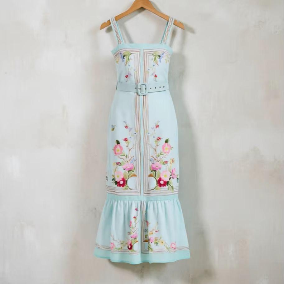 Elegante Vestito Midi con Stampa Floreale Azzurro Chiaro Donna Estate Senza Maniche Spalline Sottili A-line Vacanza al Mare Casual Bodycon Sirena