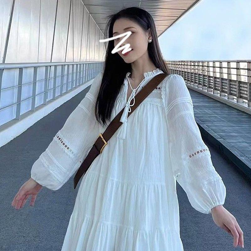Women's French White Puff Sleeve Shirt Dress - Petite & Tall, Long Sleeve, Spring/Autumn Holiday Style
