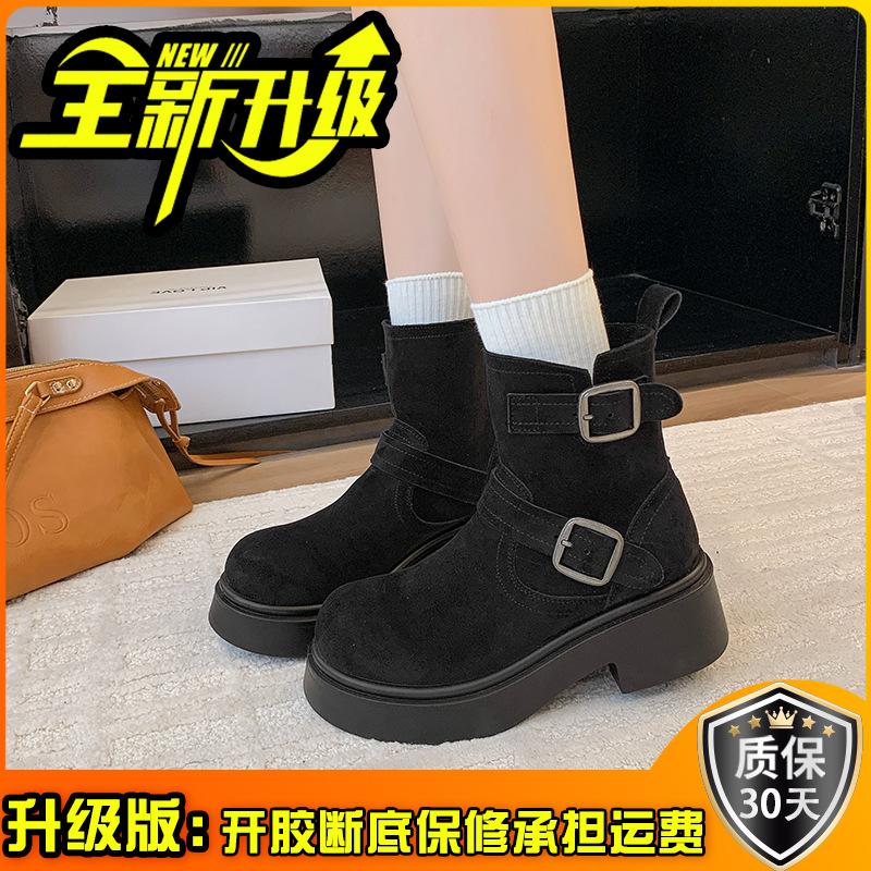 British style belt buckle shows thin pleated women's thick heel knight boots autumn and winter French European and American heightening fashion boot