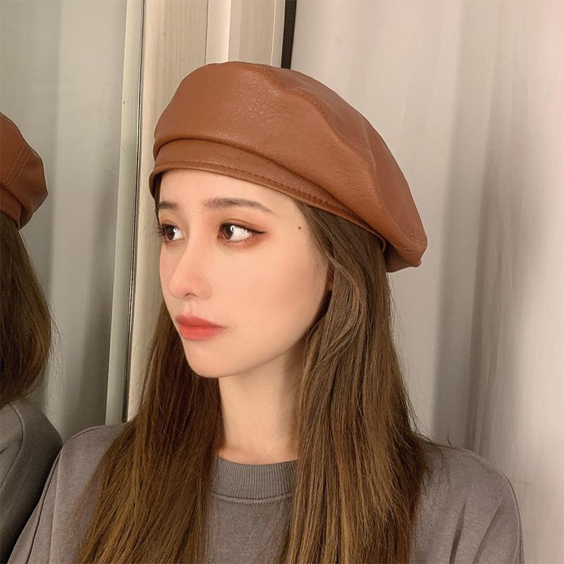 Hat female trendy versatile retro PU leather Internet celebrity beret octagonal autumn and winter British painter hat men
