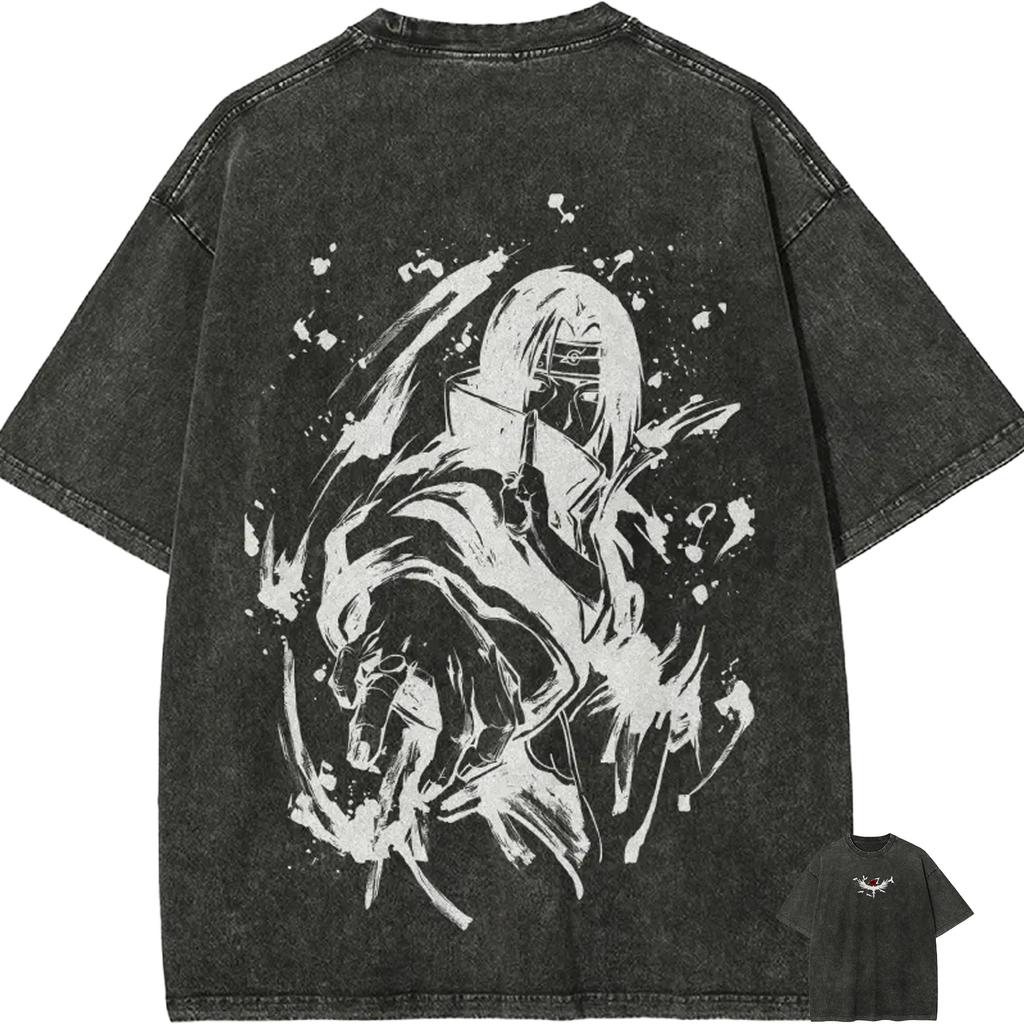 Itachi Uchiha T Shirt Naruto Men Acid Wash Anime Ink Splash Graphic Cotton Streetwear Akatsuki Manga Ninja Art Vintage Tee