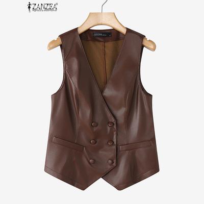 Women Casual V-Neck Sleeveless Faux PU Leather Cardigan Vest