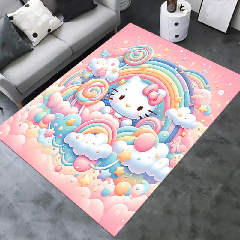 Office Rug Hello Kitty, Rainbow Fantasy Anti-Slip Rug, Machine Washable for Living Room, Bedroom, Office, Multiple Sizes, Bedroom Mat, Decorative Mat,