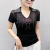 Women New Fashion European Summer Bling T-Shirt Clothes Sexy V-Neck Short-Sleeve Casual Tees Shiny Hot Diamonds Mesh Slim Tops Blouse