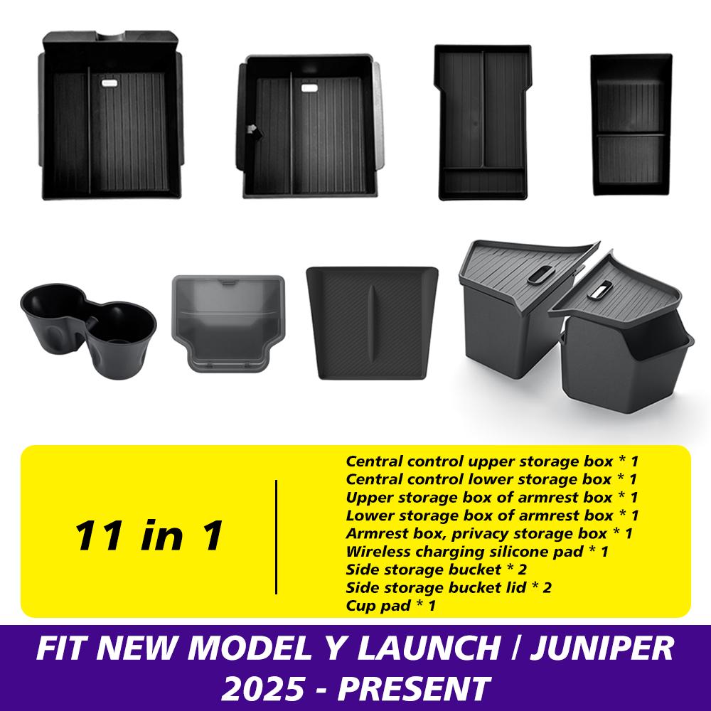 for Tesla New Model Y Juniper Launch 2025 Console & Armrest & Rear Trunk Storage Bins Side Box Organiser Watercup Accessories