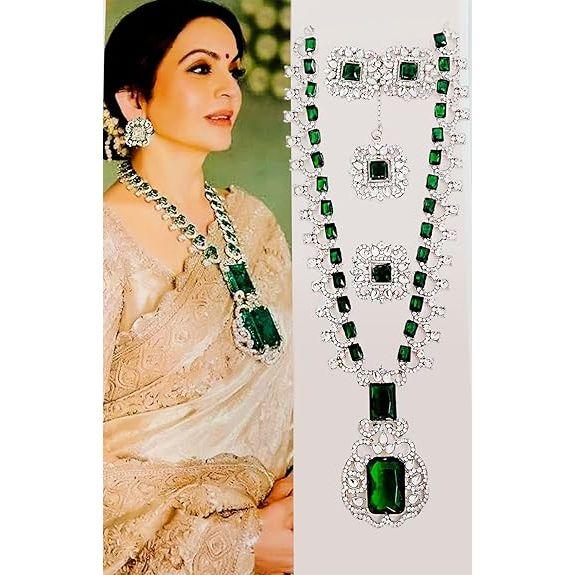 Traditional Latest Stylish Design Jewelry Maang Tikka Ring Earrings Necklace Jewellery Set for Women (Green)