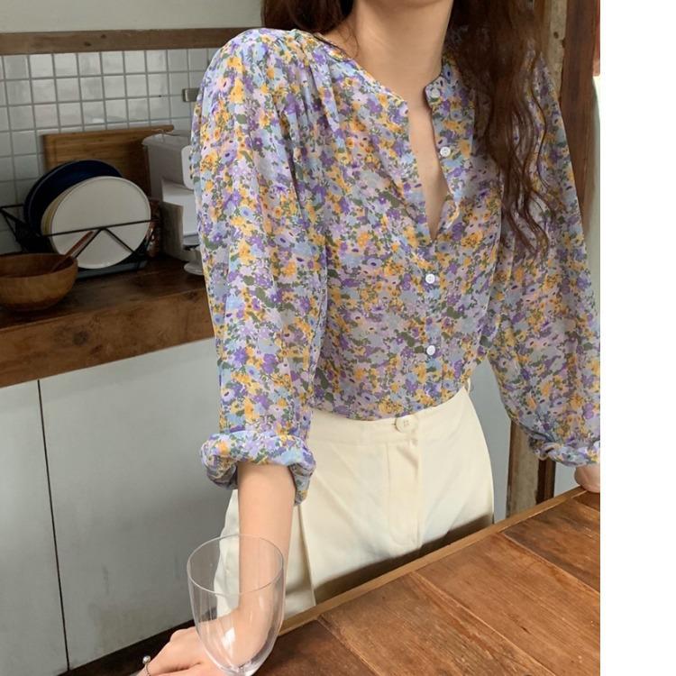 Spring New Korean Floral Shirt Top Women's Spring and Autumn Chiffon Shirt