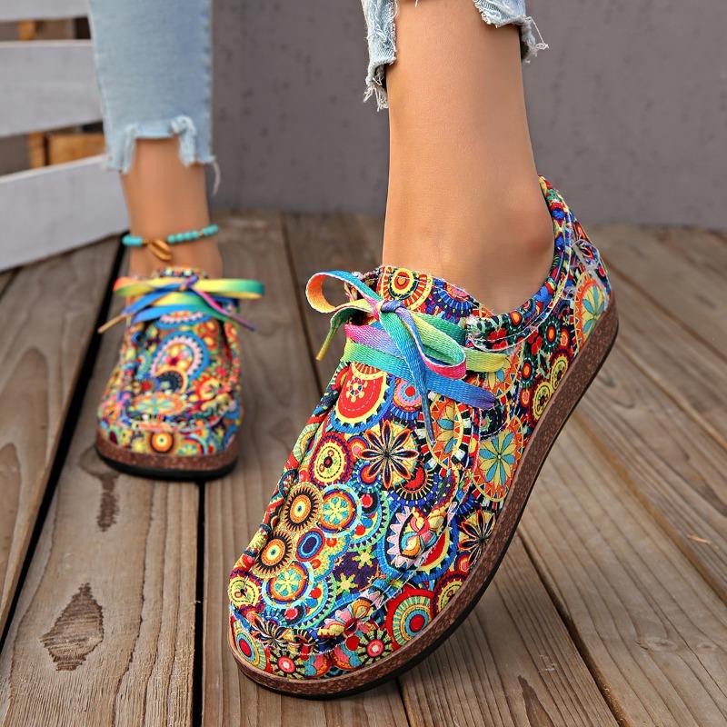 Large Size Casual Single Shoes Women's Color Lace-up Graffiti Low-top Canvas Shoes Wood Grain Platform Shoes
