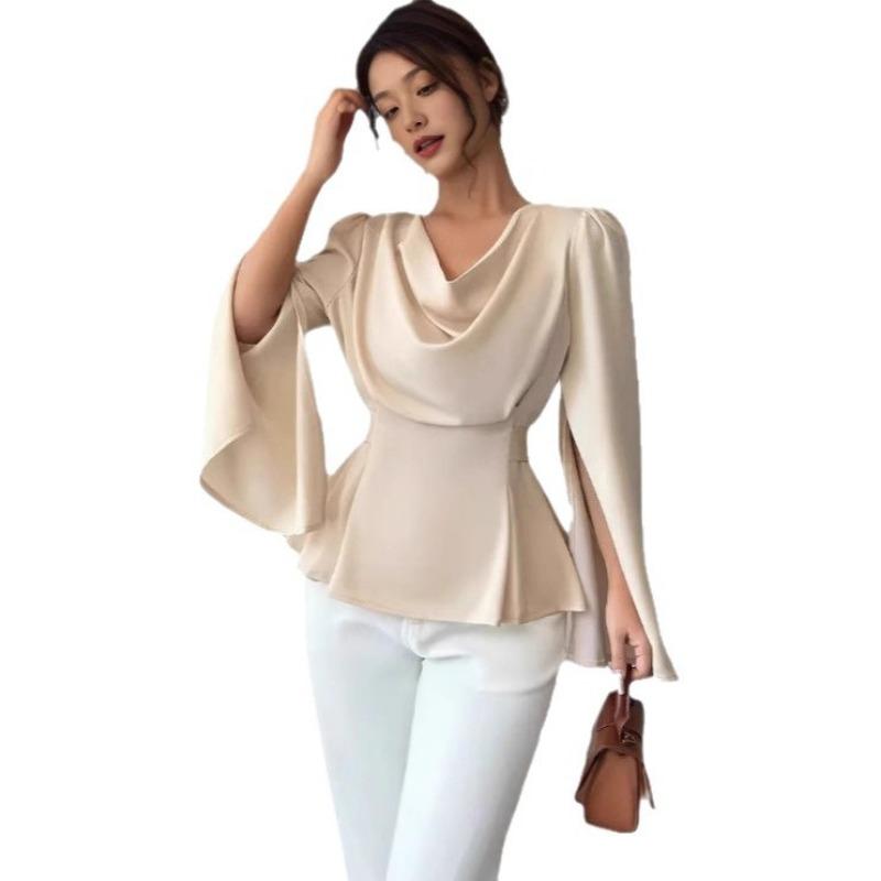 Women Elegant Satin Halter Neck Long Sleeve Waist Slimming Blouse Top