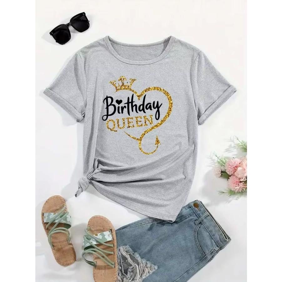 Cotton Tee Birthday Gift for Girls Birthday Queen Graphic Print Tshirt Women's Clothing Harajuku Summer Short Sleeves Crew Neck T-Shirt