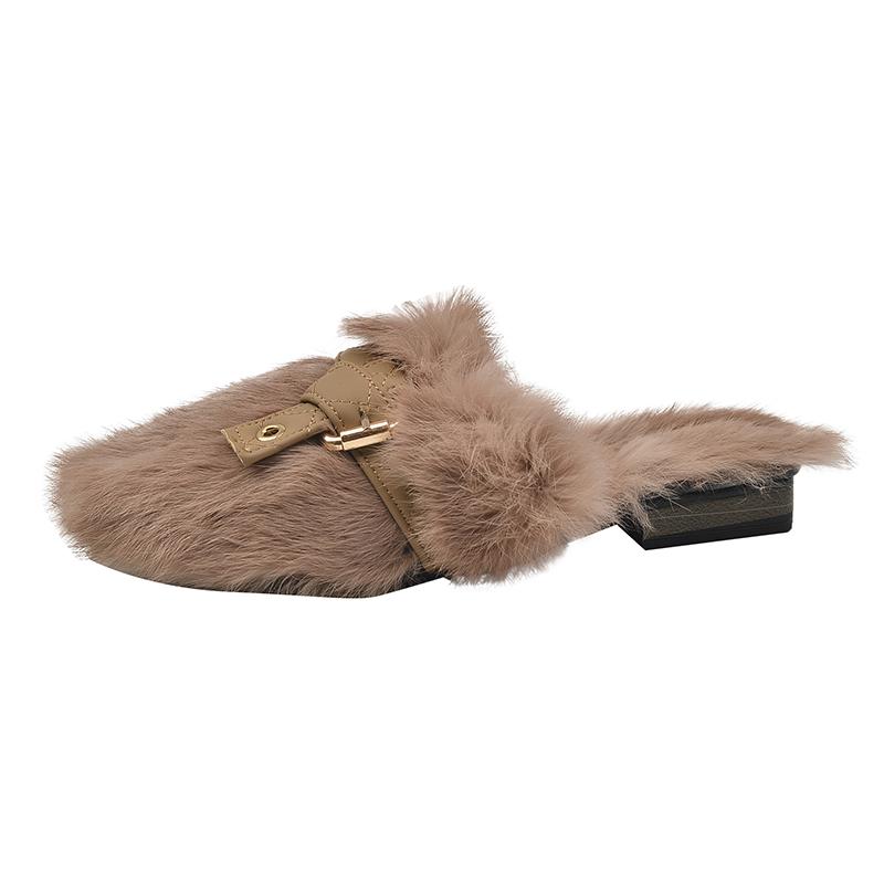 

Fashion Winter New Baotou Slippers Women s Fashion Round Head Plush Deep Mouth Rivet Soft Sole Anti-slip Wear-resistant Flat Shoes 40 хаки