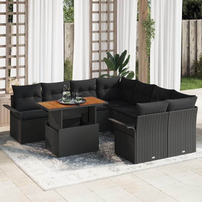 Ensemble de 9 Pièces de Canapés de Jardin avec Coussins Noir Poly Rattan, Canapé de Jardin 2 Places avec Rangement & 3358053
