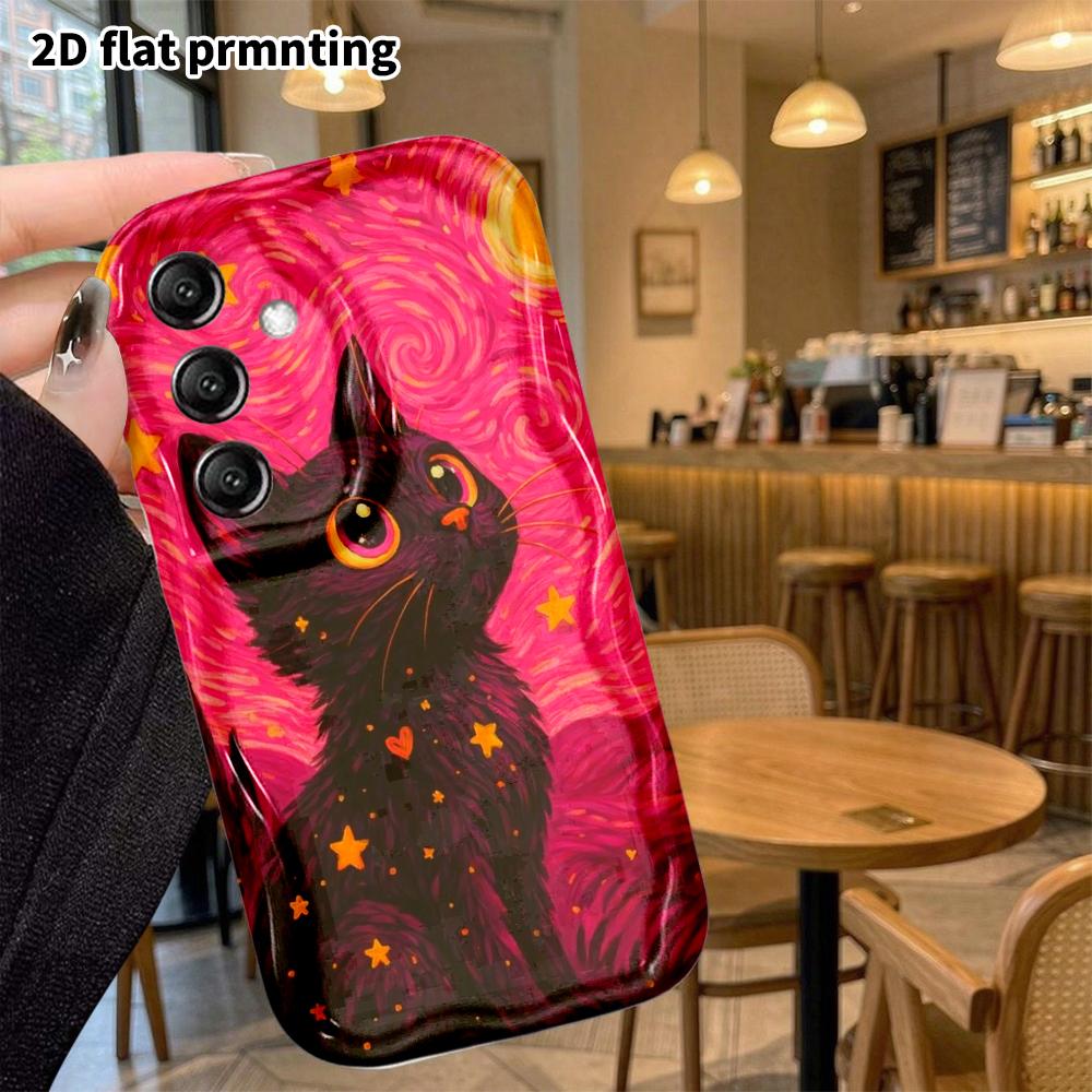 Phone Case: 2D Flat Samsung Galaxy A34 A35 S20 S22 S21 FE Plus Ultra Protective Case, Starry Sky Style with Little Black Cat, Christmas and Halloween