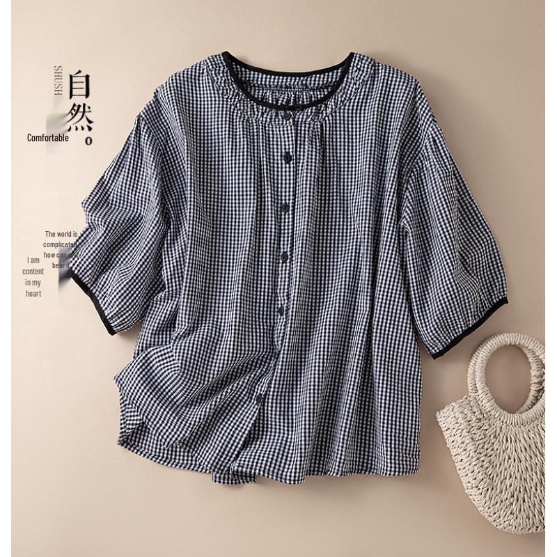 

2026 Summer Women s Plaid Cotton Loose Short Sleeve Shirt with Color Block Collar XXL чёрный