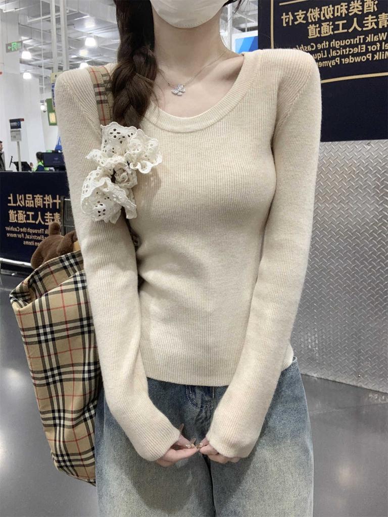 U-neck Knitted Sweater for Women's Autumn and Winter Slim-fitting and Thin Inner Long-sleeved Sweater Soft Waxy Simple Temperament Bottoming Top