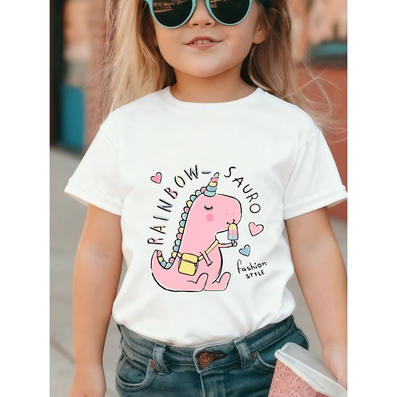 European Size Girls Round-neck Short-sleeved T-shirt with Cartoon Pink Dinosaur Pattern Print