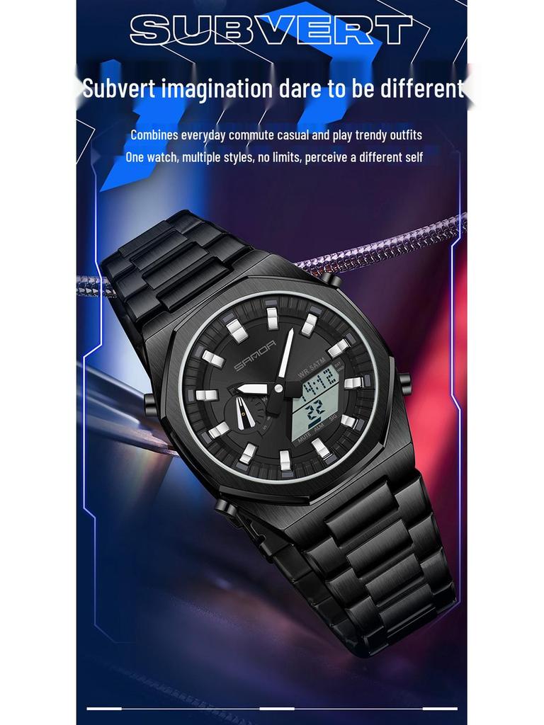 Sanda Men's Multifunctional Dual Display Watch with Countdown, Alarm, Daylight Saving, and Waterproof Features