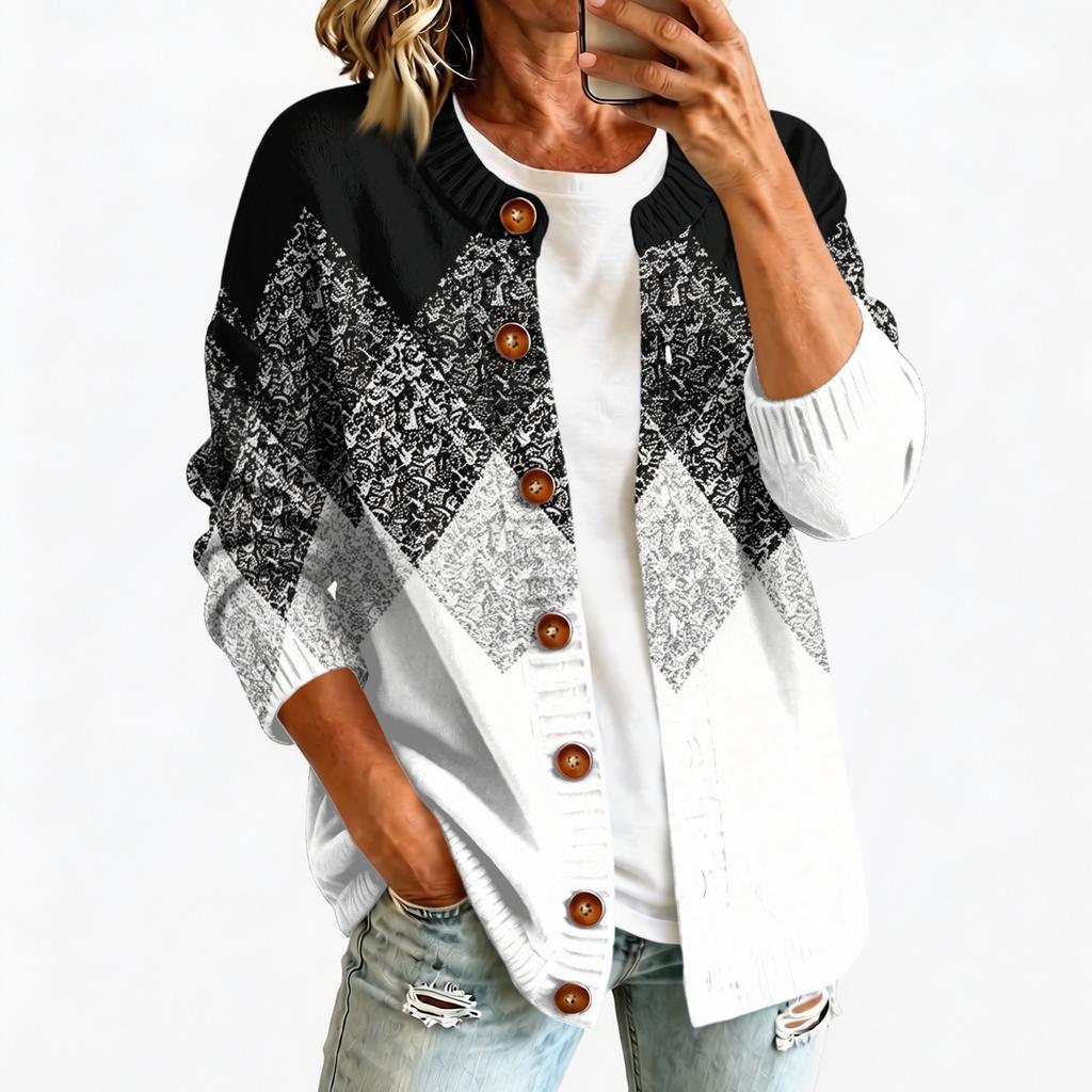 Women's Retro Printed Long Sleeve Button Front Knit Cardigan