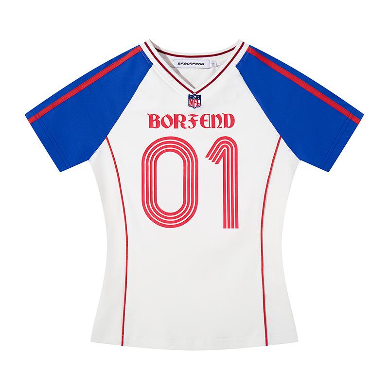 American retro digital printing contrasting color short-sleeved T-shirt women s summer new Spice Girl sports style slim-fit short top S белый
