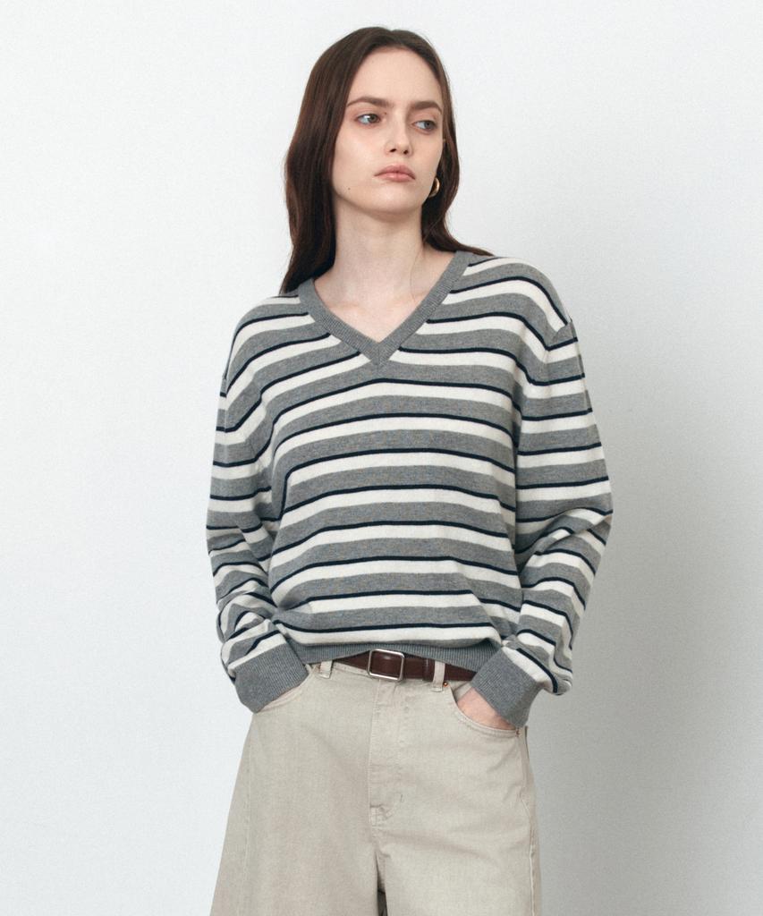 Siyajyu Sikn2174 Multi-Stripe V-Neck Knit_Melange Gray