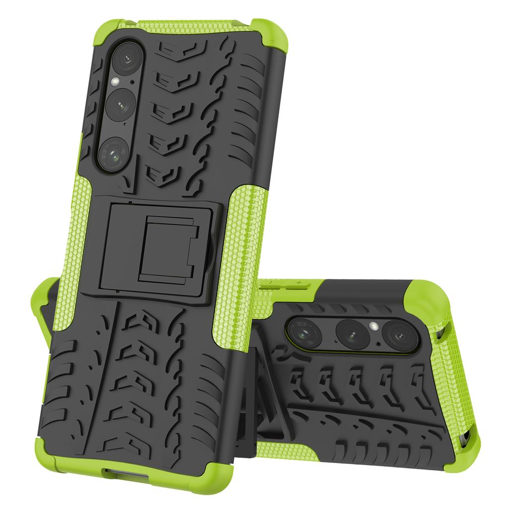 For Sony Xperia 1 V Tyre Pattern PC+TPU Phone Case Kickstand Shockproof Cell Phone Cover