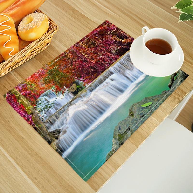 Natural Waterfall Print Linen Dining Table Mats Alphabet Kitchen Placemat 30X45cm Coasters Pads Bowl Cup Mat