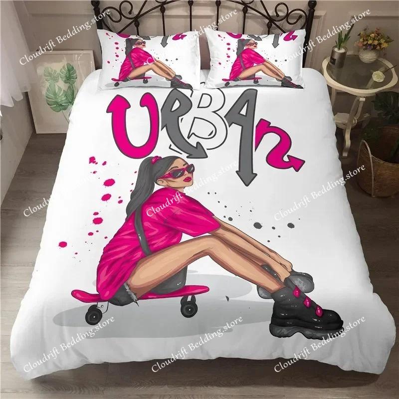 Musical Girl King Queen Duvet Cover Modern Fashion Girly Bedding Set for Kids Teens Adults Cartoon Hip Hop style Quilt Cover