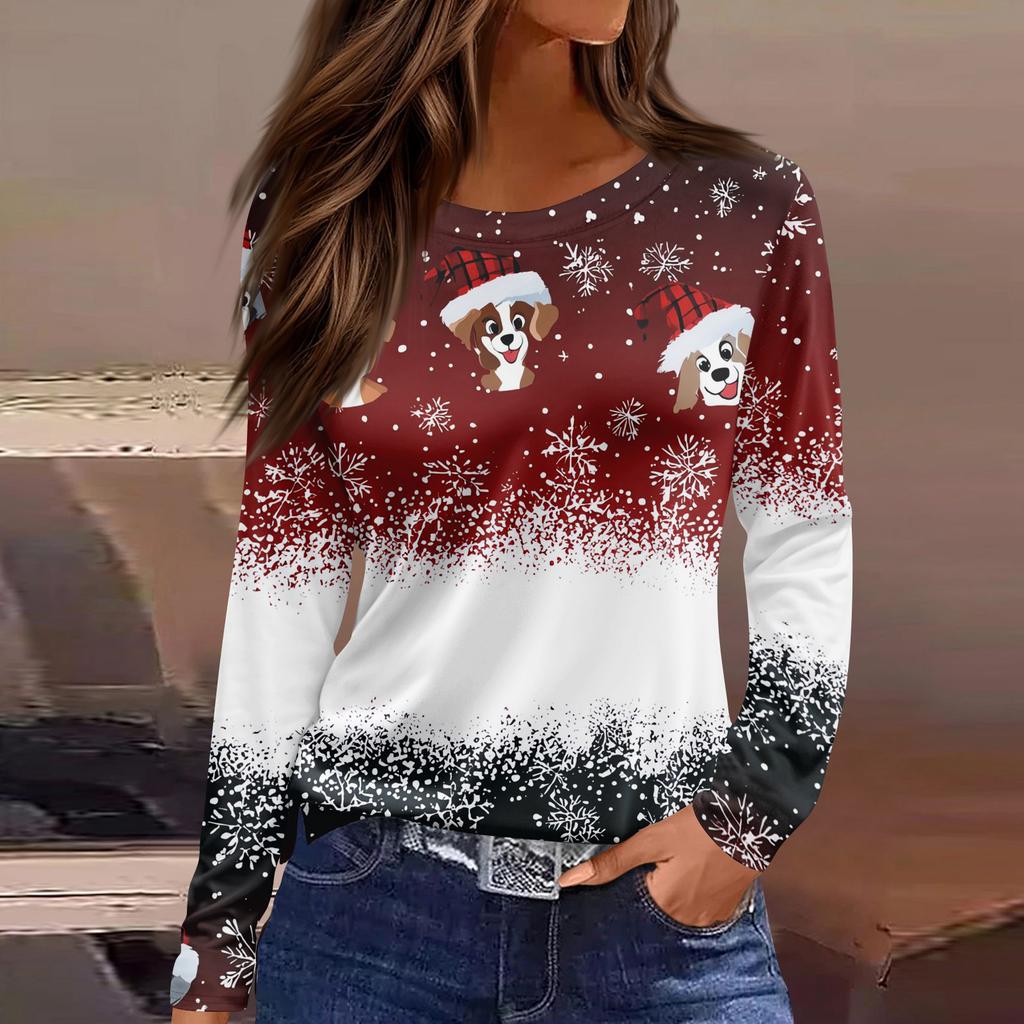Women's Fashion Casual Slit Hem Round Neck Long Sleeve Loose Christmas Printed T-Shirt Ladies Top