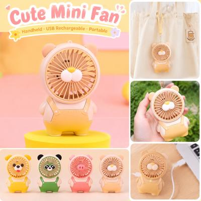 Portable Mini USB Rechargeable Fan with Cartoon Bear Design Compact Handheld Fan with Lanyard for Personal Cooling Indoor Outdoor Use