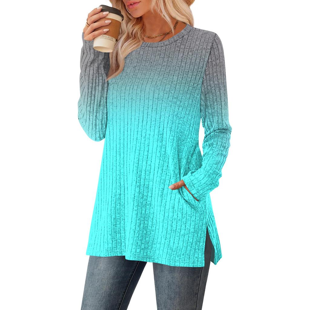 Women's Gradient Printed Round-neck Long-sleeved Top With Pockets And Side Slits