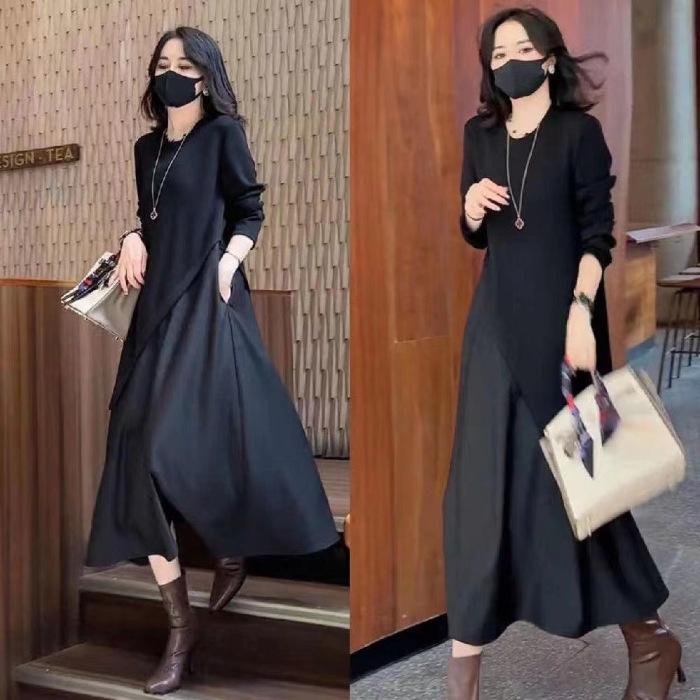 

Pure black French slim long-sleeved splicing fake two-piece dress for women s autumn new round neck irregular design S чёрный