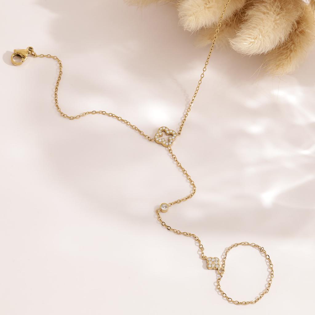 18K Gold Plated Stainless Steel Clover CZ Hand Chain Bracelet Ring Connected for Women Dainty
