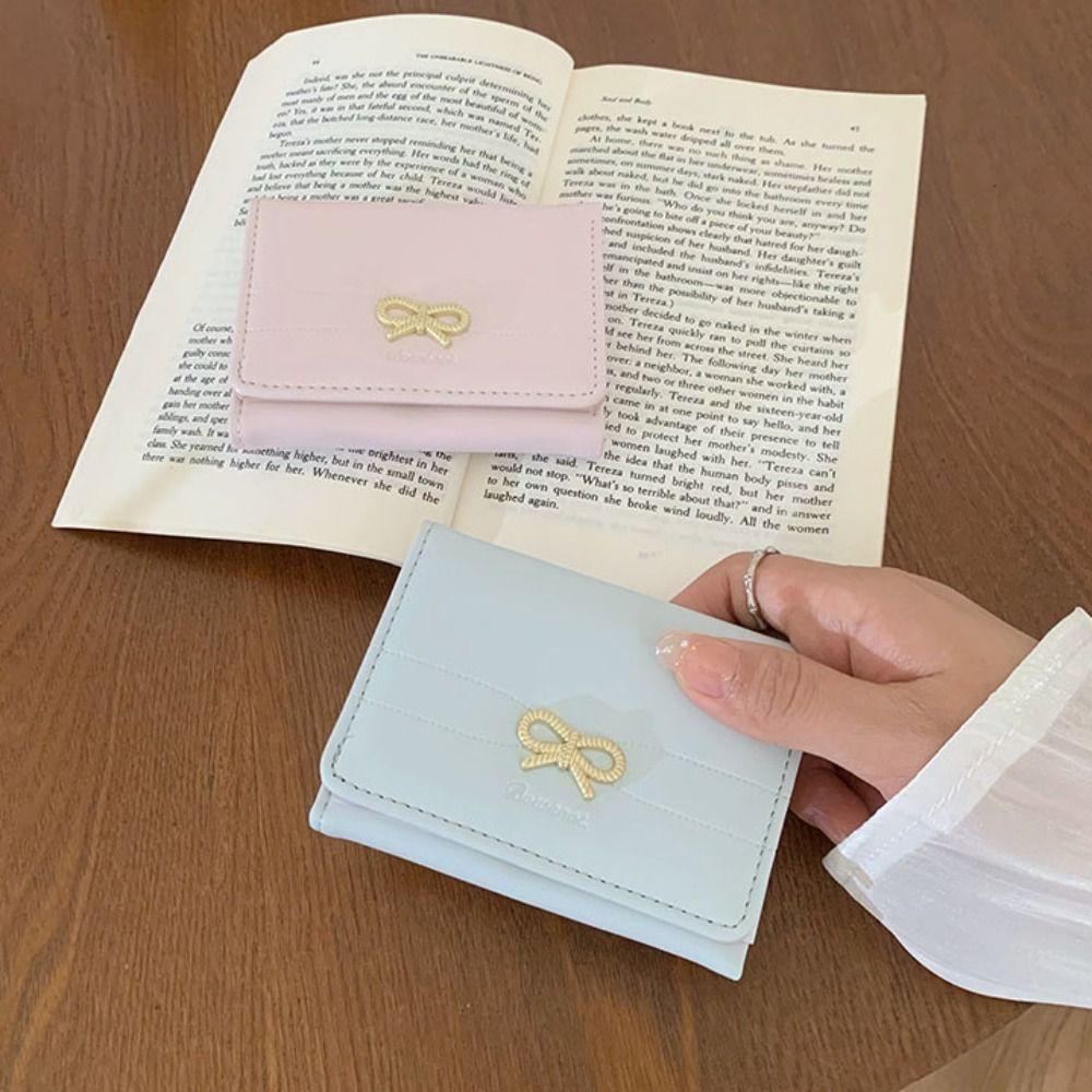 

Bow Short Folding Card Bag PU Folding Coin Purse Cute Trifold Wallet Travel фіолетовий