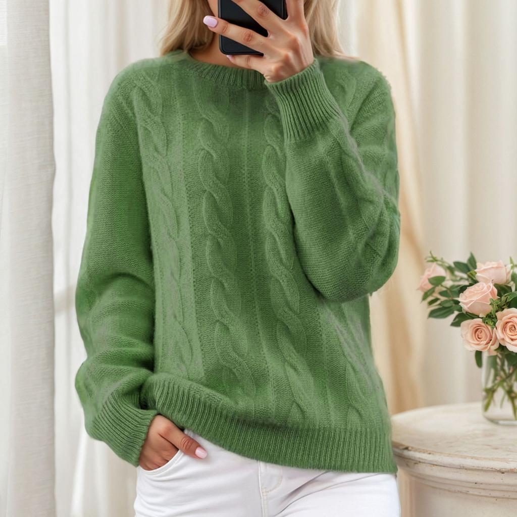 Autumn Winter Round Neck Solid Color Jacquard Knit Sweaters Retro Pullover Women's Sweaters