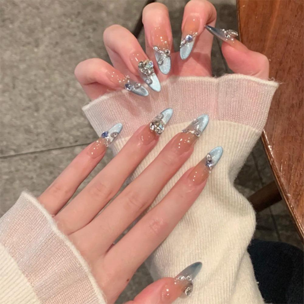 24pcs Manicure Long Almond False Nails Gilded Flower Pearl French Fake Nials Detachable Star Bow Press on Nails Women