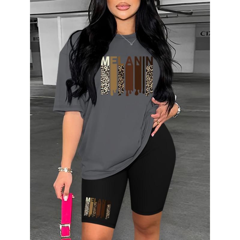 Women's Summer Casual Loose Fit Large Size MELANAN Print Round Neck Short Sleeved T-shirt+shorts Two-piece Set
