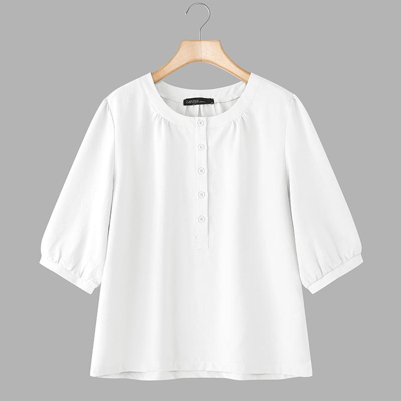 

ZANZEA Женская повседневная блузка с круглым вырезом, свободного кроя, с рукавами 3/4, однотонная M